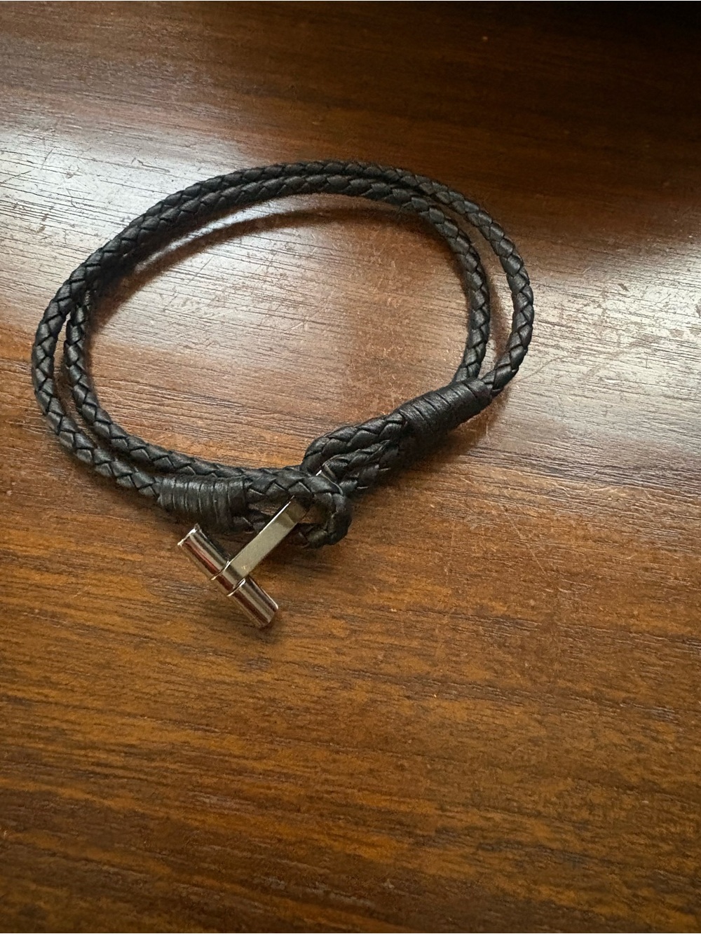 Tom Ford Black Braided Leather Wrap Bracelet with Silver Toggle Clasp
